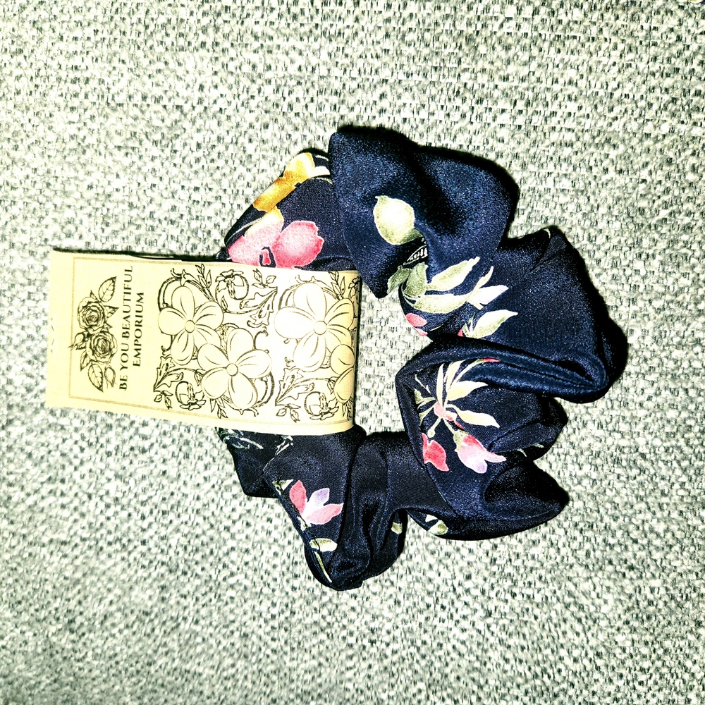Floral Scrunchie - Navy Blue. 2-Pc. Set. Item No. S-103. - Picture 11 of 11